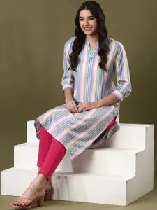 Anouk White Striped Mandarin Collar Pure Cotton Straight Kurta