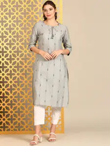 Anouk Grey Ethnic Motifs Woven Design Tie Up Neck Pure Cotton Straight Kurta
