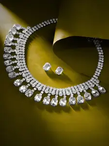 MANSIYAORANGE Rhodium Plated Crystal AD Studded Necklace and Earrings