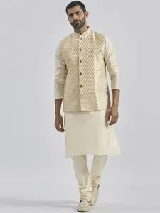 VASTRAMAY Mandarin Collar Jacquard Weave Straight Kurta with Churidar & Nehru Jacket