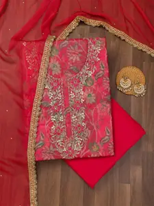 Koskii Floral Printed Beads & Stones Organza Unstitched Dress Material