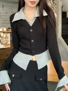 KPOP Women Lapel Collar Colourblocked Long Sleeves Cotton Front-Open Sweater