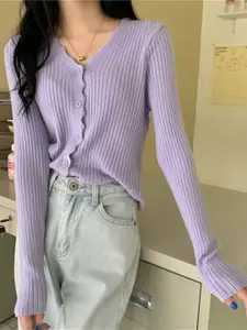 HERE&NOW Women V-Neck Solid Long Sleeves Front-Open Sweater