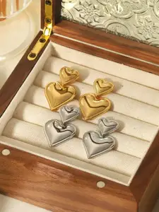 DIVASTRI Set of 2 Gold & Silver-Plated Stainless Steel Heart Shaped Drop Earrings