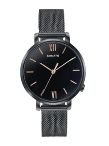 Sonata Women Brass Embellished Dial & Stainless Steel Straps Analogue Watch 87045NM01W