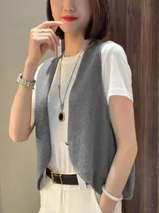 KPOP Women Shawl Collar Sleeveless Front-Open Sweater
