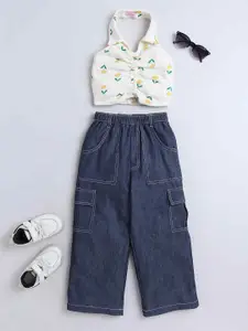 taffykids Girls Printed Halter Neck Pure Cotton Top With Cargo Trousers