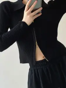 HERE&NOW Women Cotton Lapel Collar Long Sleeves Front-Open Sweater