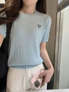 KPOP Women Cable Knit Round Neck Pullover Sweater