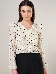 People Women Polka Dots Printed V-Neck Long Sleeves Casual Top