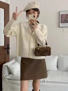 KPOP Women V-neck Solid Long Sleeves Cardigan Sweater