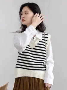 HERE&NOW Women Striped Cotton V-Neck Sleeveless Sweater Vest