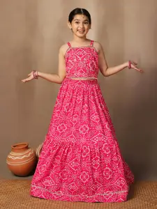 FASHION DREAM Girls Bandhani Printed Embroidered Ready to Wear Lehenga & Choli