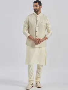 VASTRAMAY Mandarin Collar Jacquard Weave Straight Kurta with Churidar & Nehru Jacket