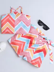 taffykids Girls Geometric Printed Halter Neck Crop Top With Skirt