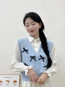 KPOP Women V-Neck Embellished Self Design Sleeveless Front-Open Sweater