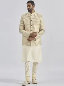 VASTRAMAY Mandarin Collar Jacquard Weave Straight Kurta with Churidar & Nehru Jacket