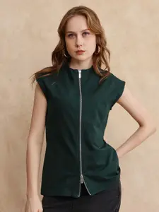 RAREISM Women Cotton High Neck Sleeveless Front-Open Sweatshirt