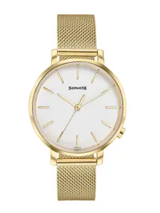 Sonata Women Brass Dial & Stainless Steel Bracelet Style Straps Analogue Watch 87045YM02W