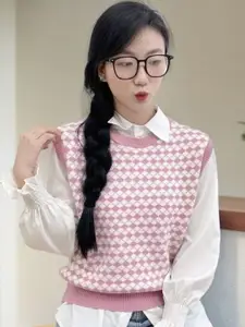 KPOP Women Checked Sweater Vest