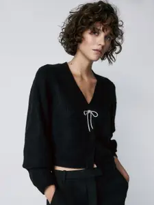 H&M Bow-Detail Rib-Knit Cardigan Sweater