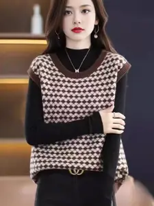 KPOP Women Checked Scoop Neck Sleeveless Pullover Sweaters