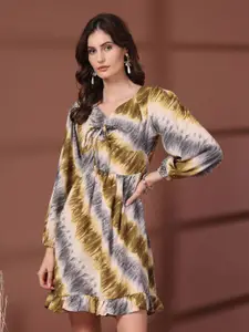 plusS Tie and Dye Print Tie-Up Neck Puff Sleeve Fit & Flare Mini Dress