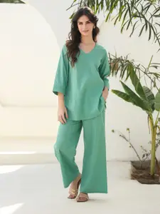 JISORA V Neck Pure Cotton Top With Palazzo