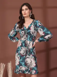 plusS Floral Print Tie-Up Neck Puff Sleeve Fit & Flare Mini Dress
