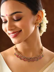 Priyaasi Gold Plated Stone Studded & Beaded Necklace and Earrings