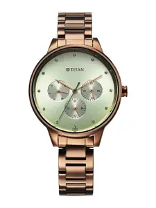 Titan Women Brass Embellished Dial & Stainless Steel Bracelet Style Straps Analogue Watch 2648QM03
