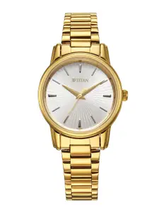 Titan Women Brass Embellished Dial & Stainless Steel Bracelet Style Straps Analogue Watch 2760YM01