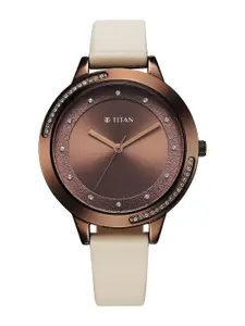 Titan Women Brass Embellished Dial & Leather Straps Analogue Watch 2764QL01
