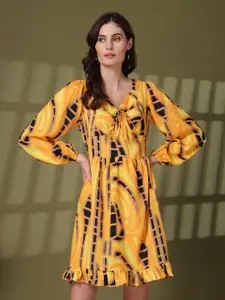 plusS Tie and Dye Print Tie-Up Neck Puff Sleeve Fit & Flare Mini Dress