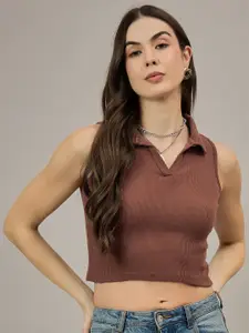 The Roadster Lifestyle Co Women Striped Shirt Collar Sleeveless Crop Top