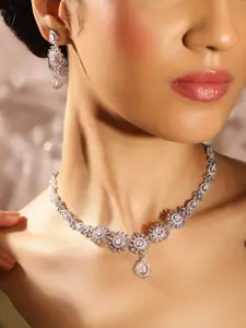 Priyaasi Silver-Plated AD Stone Studded Necklace and Earrings