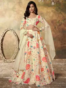 FABPIXEL Printed Sequinned Semi-Stitched Lehenga & Unstitched Blouse With Dupatta