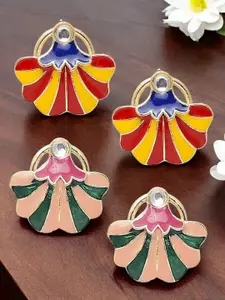 OOMPH Set Of 2 Meenakari Floral Kundan Studded & Beaded Enamel Studs