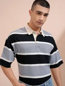 HIGHLANDER Men Striped Polo Collar Drop-Shoulder Sleeves T-shirt