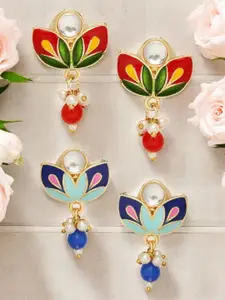 OOMPH Pack Of 4 Kundan Studded Floral Studs Earrings