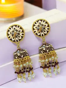 FEMMIBELLA Gold-Plated Beaded Dome Shaped Meenakari Jhumkas