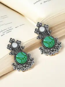 FEMMIBELLA Silver-Plated Circular Stone Studded Oxidized Drop Earrings