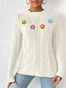StyleCast x Revolte Women Floral Embroidered Round Neck Long Sleeves Pullover Sweater