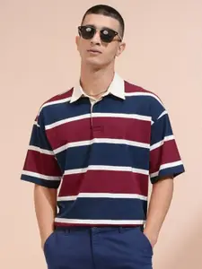 HIGHLANDER Men Striped Polo Collar Drop-Shoulder Sleeves T-shirt