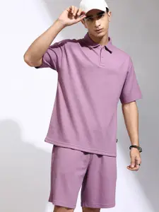 HIGHLANDER Textured Self Design Polo Collar Relaxed Fit T-shirt With Shorts