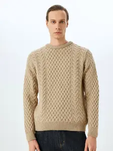 Koton Men Self Design Long Sleeves Round Neck Cable Knit Casual Pullover Sweaters