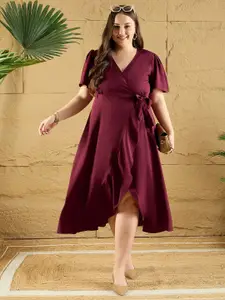 Berrylush Curve Women V-neck Flared Sleeve Wrap Midi Dress