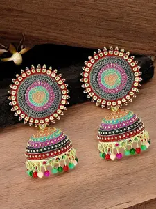 FEMMIBELLA Gold-Plated Dome Shaped Beaded Meenakari Jhumkas