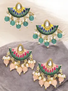 OOMPH Set Of 2 Meenakari Floral Kundan Studded & Beaded Drop Earrings