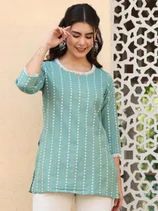 AKIMIA Women Woven Design Round Neck Thread Work Kurti